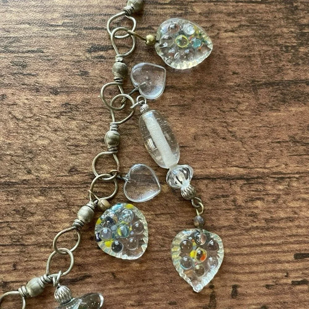 Vintage Art Glass Heart Charm Necklace Long Length 30